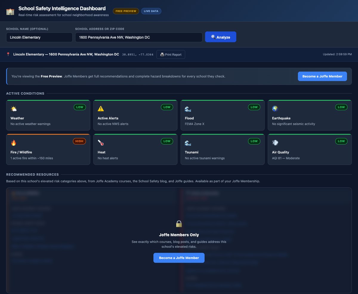 School Safety Dashboard preview showing real-time risk data